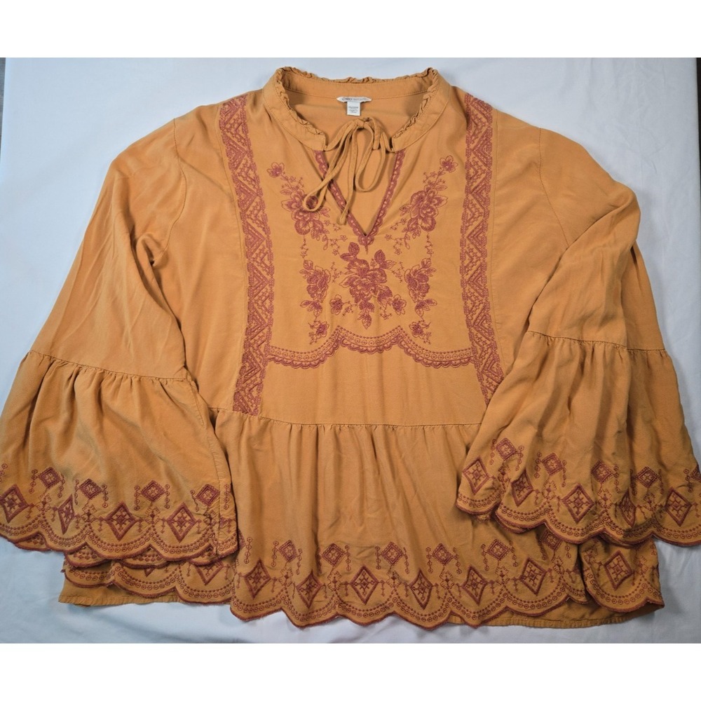 Spiced Orange Boho Embroidered Bell Sleeve Peasant Top Sz 26/28 Floral Hippie - Picture 6 of 15